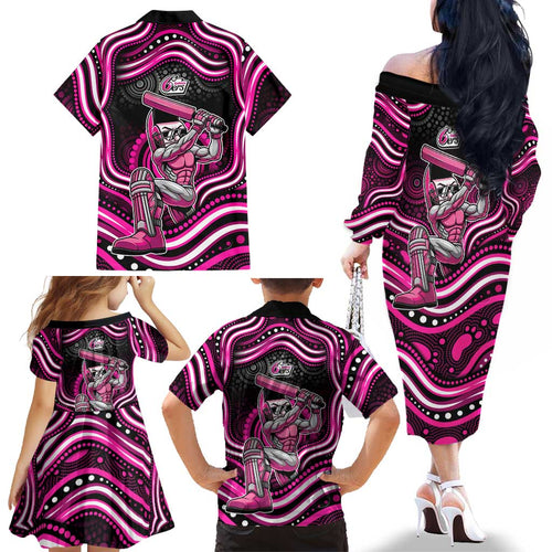 Sydney Sixers Cricket Family Matching Off The Shoulder Long Sleeve Dress and Hawaiian Shirt Australian Cricket Mascot - Modern Indigenous Style