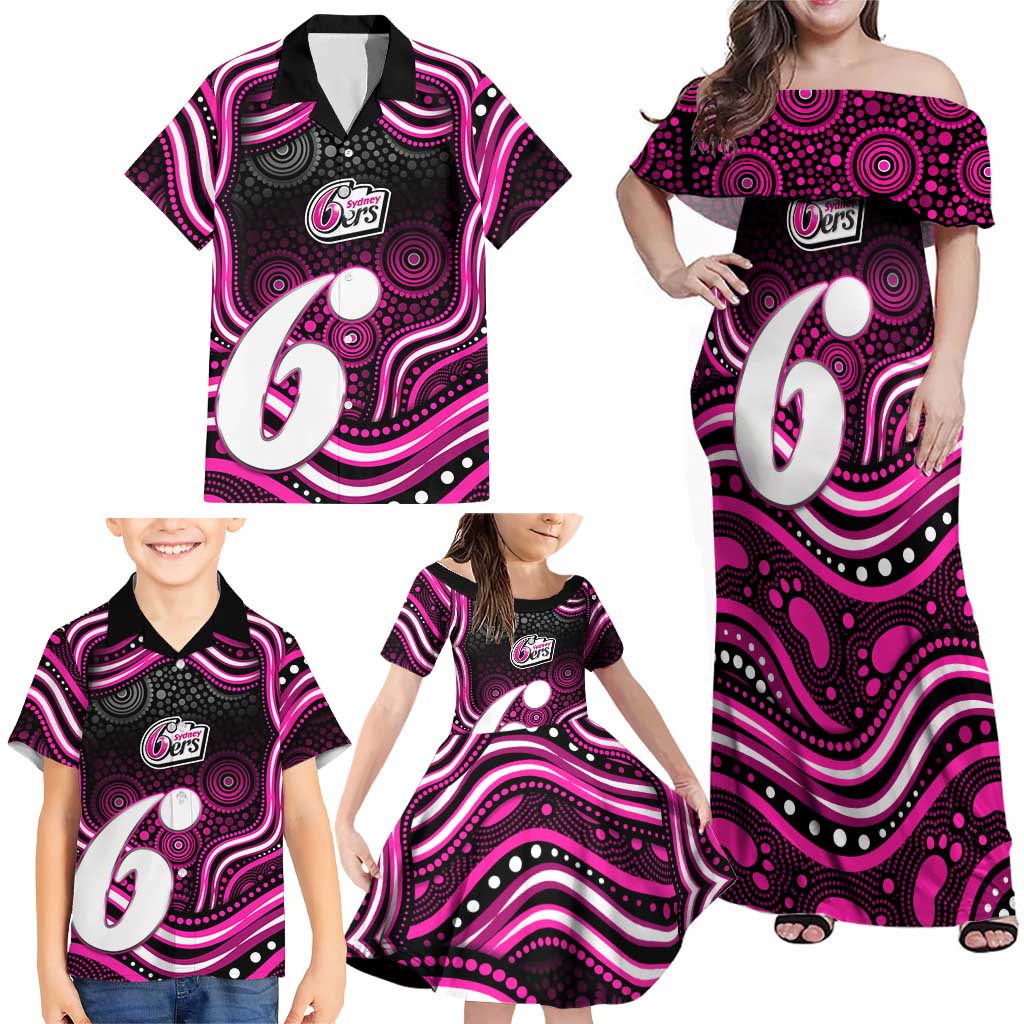 Sydney Sixers Cricket Family Matching Off Shoulder Maxi Dress and Hawaiian Shirt Australian Cricket Mascot - Modern Indigenous Style