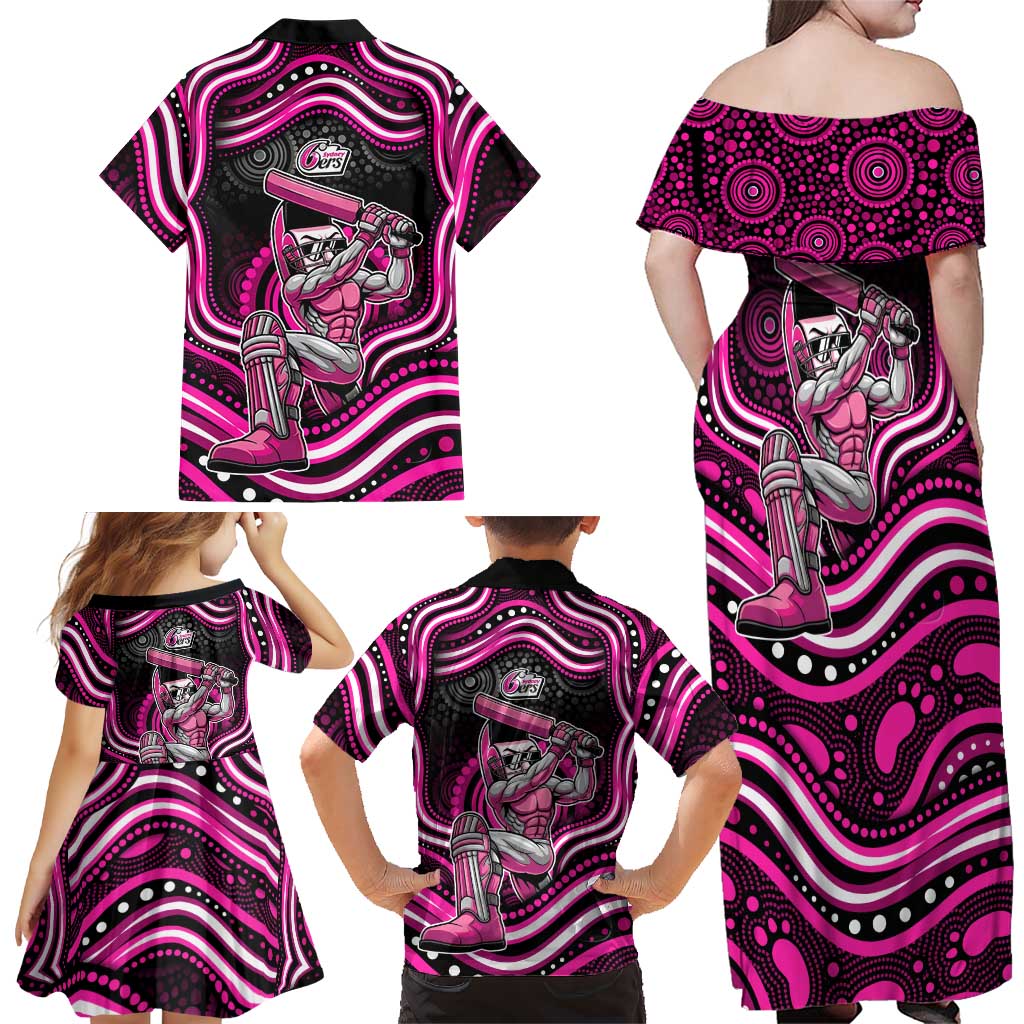 Sydney Sixers Cricket Family Matching Off Shoulder Maxi Dress and Hawaiian Shirt Australian Cricket Mascot - Modern Indigenous Style