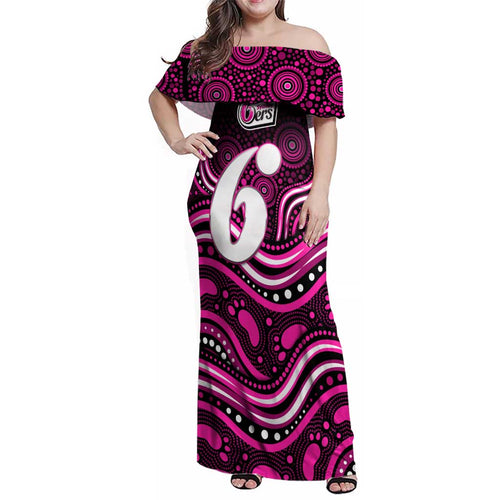 Sydney Sixers Cricket Family Matching Off Shoulder Maxi Dress and Hawaiian Shirt Australian Cricket Mascot - Modern Indigenous Style