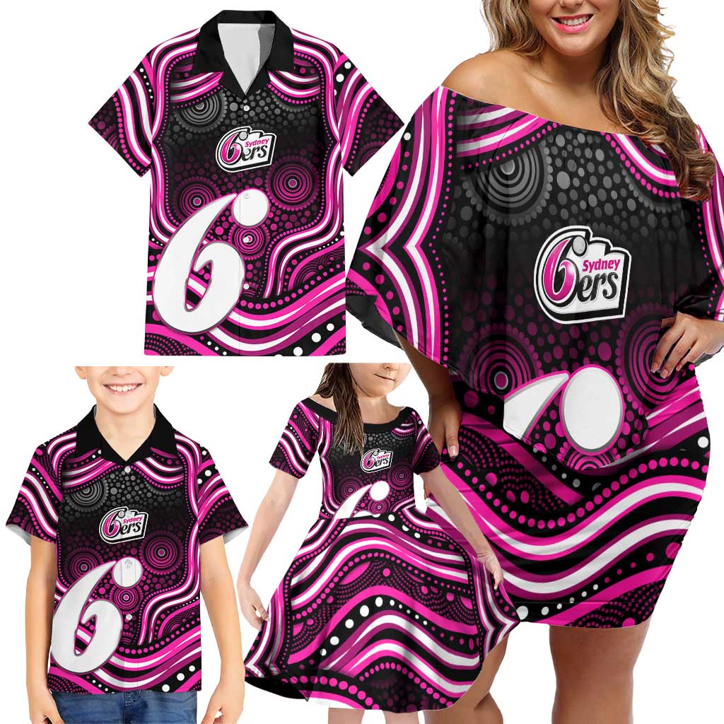 Sydney Sixers Cricket Family Matching Off Shoulder Short Dress and Hawaiian Shirt Australian Cricket Mascot - Modern Indigenous Style