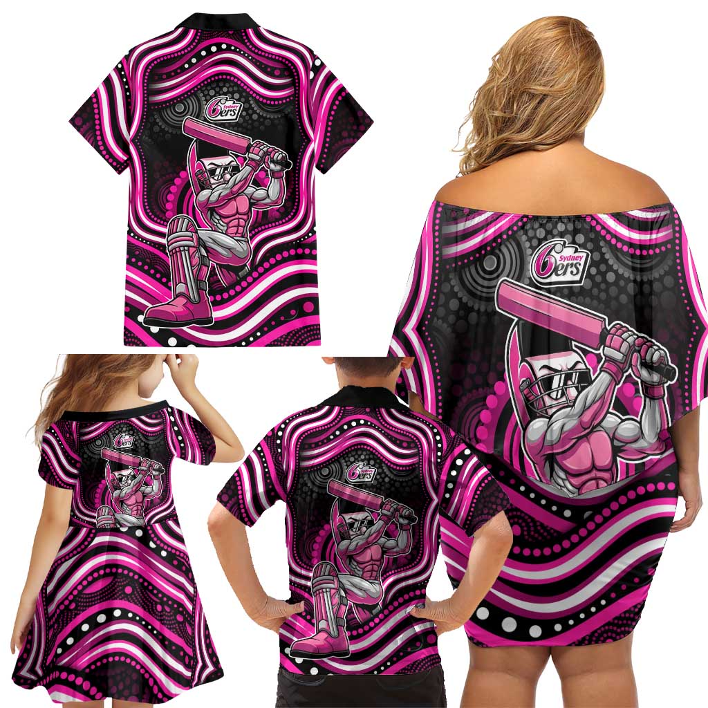 Sydney Sixers Cricket Family Matching Off Shoulder Short Dress and Hawaiian Shirt Australian Cricket Mascot - Modern Indigenous Style