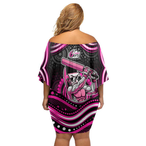 Sydney Sixers Cricket Family Matching Off Shoulder Short Dress and Hawaiian Shirt Australian Cricket Mascot - Modern Indigenous Style
