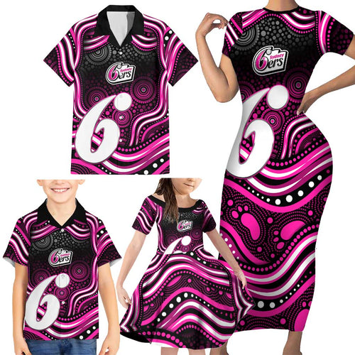 Sydney Sixers Cricket Family Matching Short Sleeve Bodycon Dress and Hawaiian Shirt Australian Cricket Mascot - Modern Indigenous Style