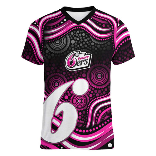 Sydney Sixers Cricket Women V-Neck T-Shirt Australian Cricket Mascot - Modern Indigenous Style