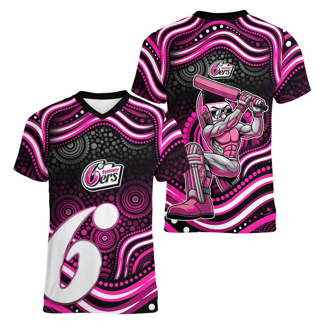 Sydney Sixers Cricket Women V-Neck T-Shirt Australian Cricket Mascot - Modern Indigenous Style