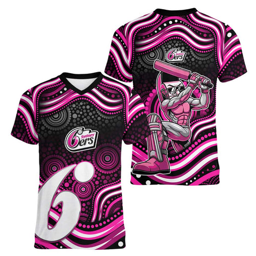 Sydney Sixers Cricket Women V-Neck T-Shirt Australian Cricket Mascot - Modern Indigenous Style
