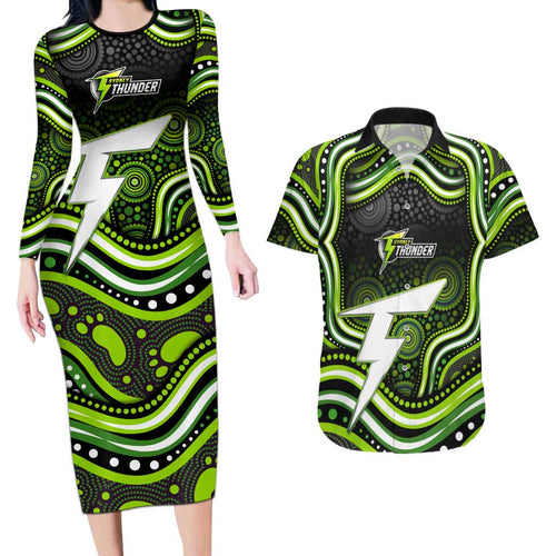 Sydney Thunder Cricket Couples Matching Long Sleeve Bodycon Dress and Hawaiian Shirt Australian Cricket Mascot - Modern Indigenous Style