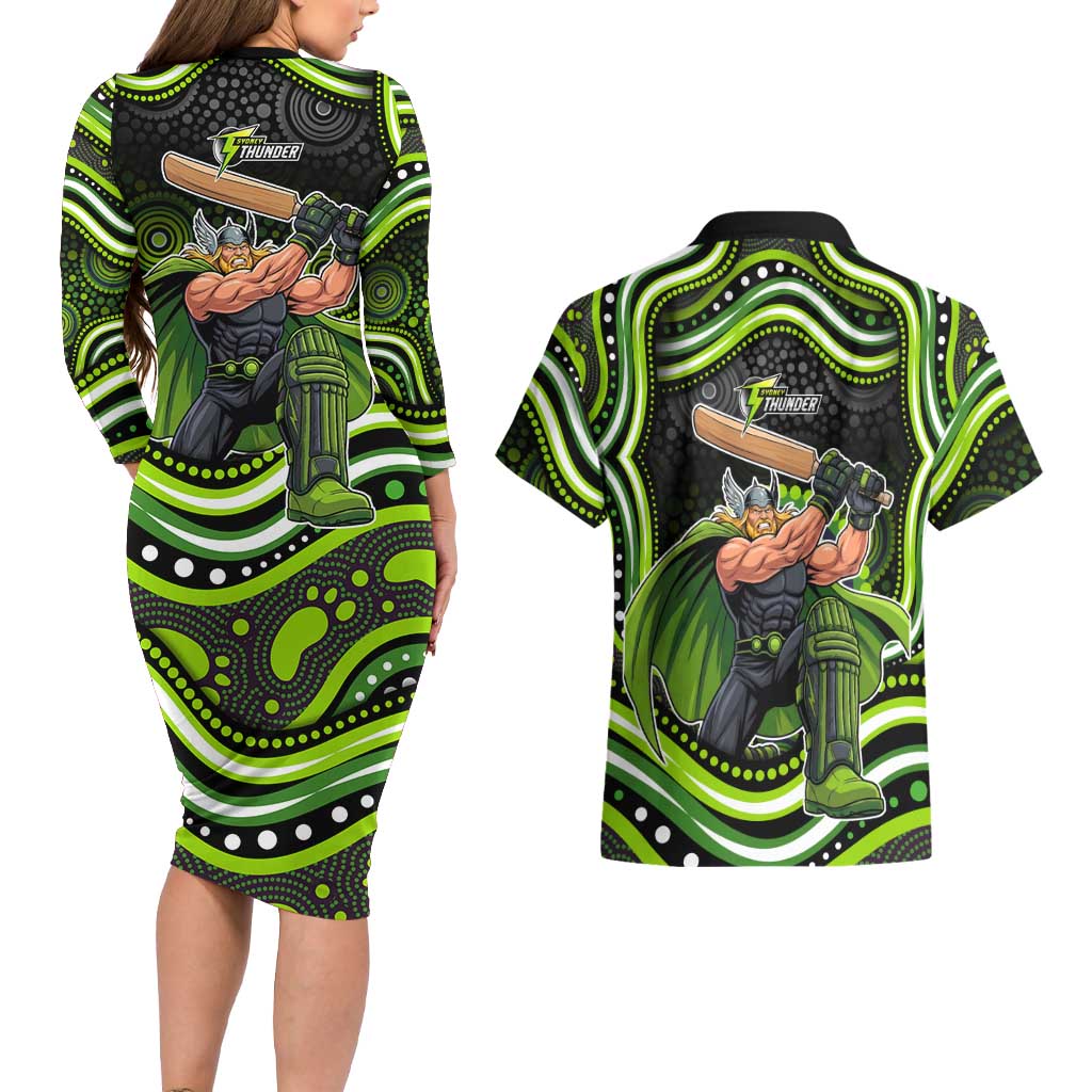 Sydney Thunder Cricket Couples Matching Long Sleeve Bodycon Dress and Hawaiian Shirt Australian Cricket Mascot - Modern Indigenous Style