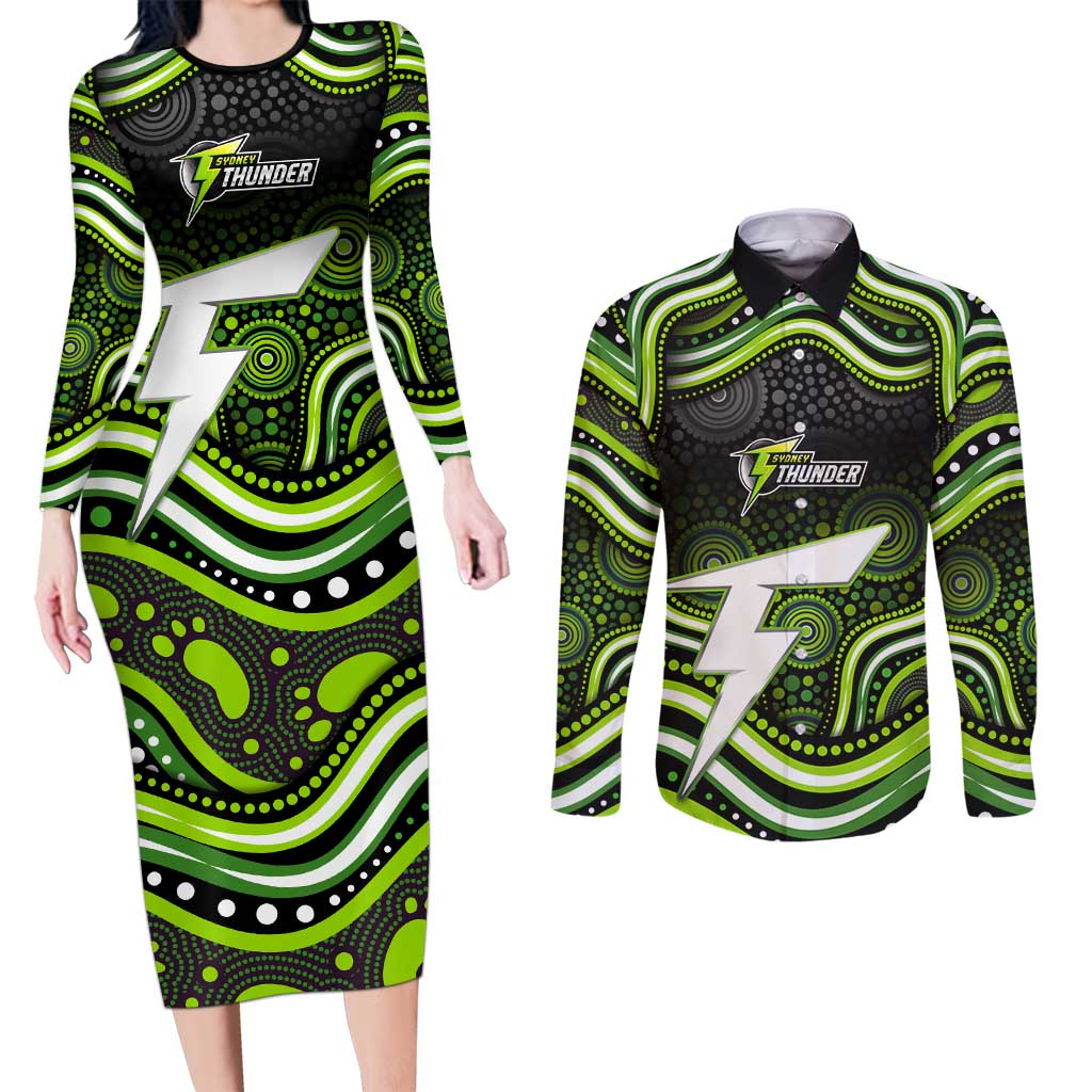 Sydney Thunder Cricket Couples Matching Long Sleeve Bodycon Dress and Long Sleeve Button Shirt Australian Cricket Mascot - Modern Indigenous Style