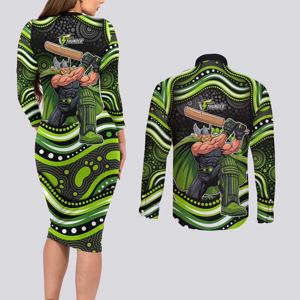 Sydney Thunder Cricket Couples Matching Long Sleeve Bodycon Dress and Long Sleeve Button Shirt Australian Cricket Mascot - Modern Indigenous Style
