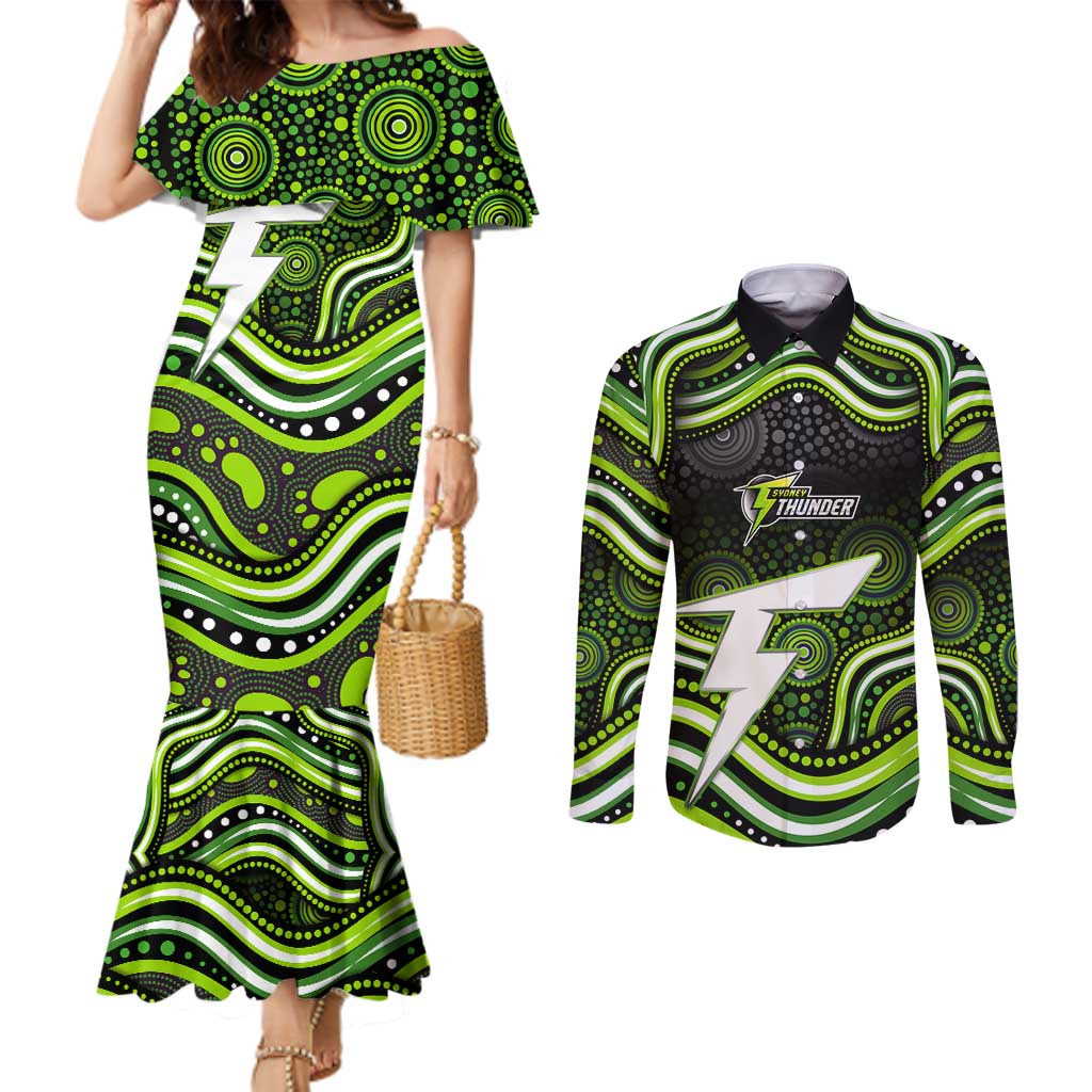 Sydney Thunder Cricket Couples Matching Mermaid Dress and Long Sleeve Button Shirt Australian Cricket Mascot - Modern Indigenous Style