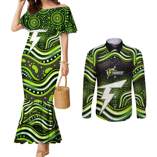 Sydney Thunder Cricket Couples Matching Mermaid Dress and Long Sleeve Button Shirt Australian Cricket Mascot - Modern Indigenous Style