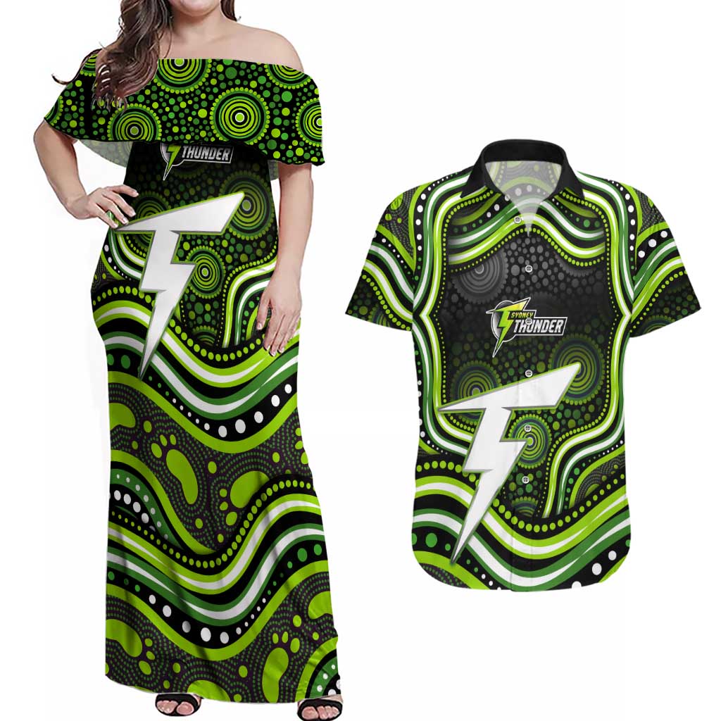 Sydney Thunder Cricket Couples Matching Off Shoulder Maxi Dress and Hawaiian Shirt Australian Cricket Mascot - Modern Indigenous Style