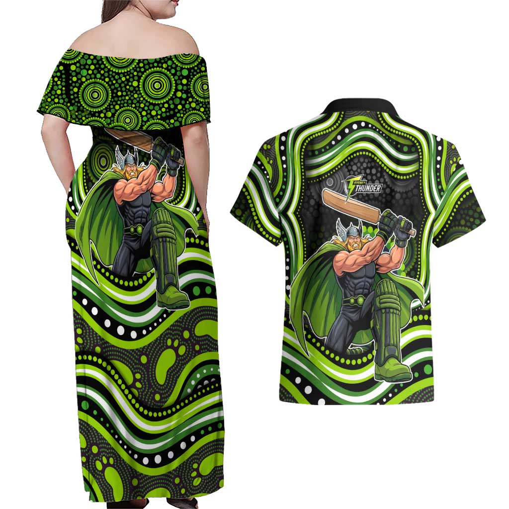Sydney Thunder Cricket Couples Matching Off Shoulder Maxi Dress and Hawaiian Shirt Australian Cricket Mascot - Modern Indigenous Style