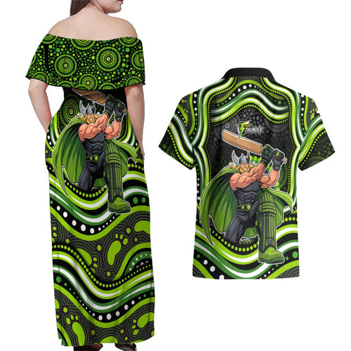 Sydney Thunder Cricket Couples Matching Off Shoulder Maxi Dress and Hawaiian Shirt Australian Cricket Mascot - Modern Indigenous Style