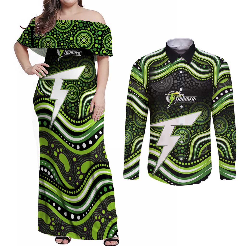 Sydney Thunder Cricket Couples Matching Off Shoulder Maxi Dress and Long Sleeve Button Shirt Australian Cricket Mascot - Modern Indigenous Style