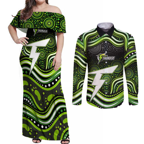 Sydney Thunder Cricket Couples Matching Off Shoulder Maxi Dress and Long Sleeve Button Shirt Australian Cricket Mascot - Modern Indigenous Style