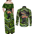 Sydney Thunder Cricket Couples Matching Off Shoulder Maxi Dress and Long Sleeve Button Shirt Australian Cricket Mascot - Modern Indigenous Style