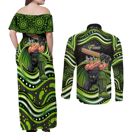 Sydney Thunder Cricket Couples Matching Off Shoulder Maxi Dress and Long Sleeve Button Shirt Australian Cricket Mascot - Modern Indigenous Style