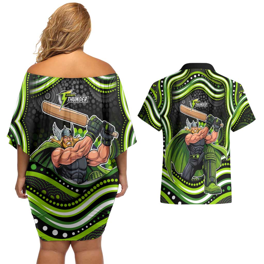 Sydney Thunder Cricket Couples Matching Off Shoulder Short Dress and Hawaiian Shirt Australian Cricket Mascot - Modern Indigenous Style