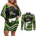 Sydney Thunder Cricket Couples Matching Off Shoulder Short Dress and Long Sleeve Button Shirt Australian Cricket Mascot - Modern Indigenous Style