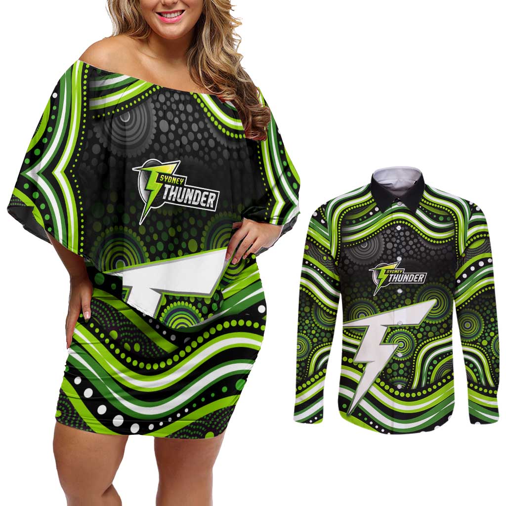 Sydney Thunder Cricket Couples Matching Off Shoulder Short Dress and Long Sleeve Button Shirt Australian Cricket Mascot - Modern Indigenous Style