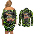Sydney Thunder Cricket Couples Matching Off Shoulder Short Dress and Long Sleeve Button Shirt Australian Cricket Mascot - Modern Indigenous Style