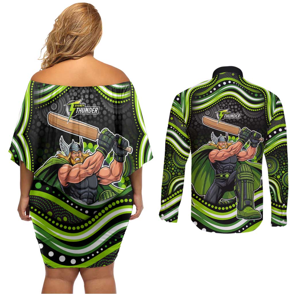Sydney Thunder Cricket Couples Matching Off Shoulder Short Dress and Long Sleeve Button Shirt Australian Cricket Mascot - Modern Indigenous Style