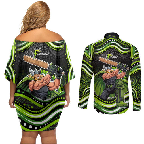 Sydney Thunder Cricket Couples Matching Off Shoulder Short Dress and Long Sleeve Button Shirt Australian Cricket Mascot - Modern Indigenous Style