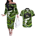 Sydney Thunder Cricket Couples Matching Off The Shoulder Long Sleeve Dress and Hawaiian Shirt Australian Cricket Mascot - Modern Indigenous Style