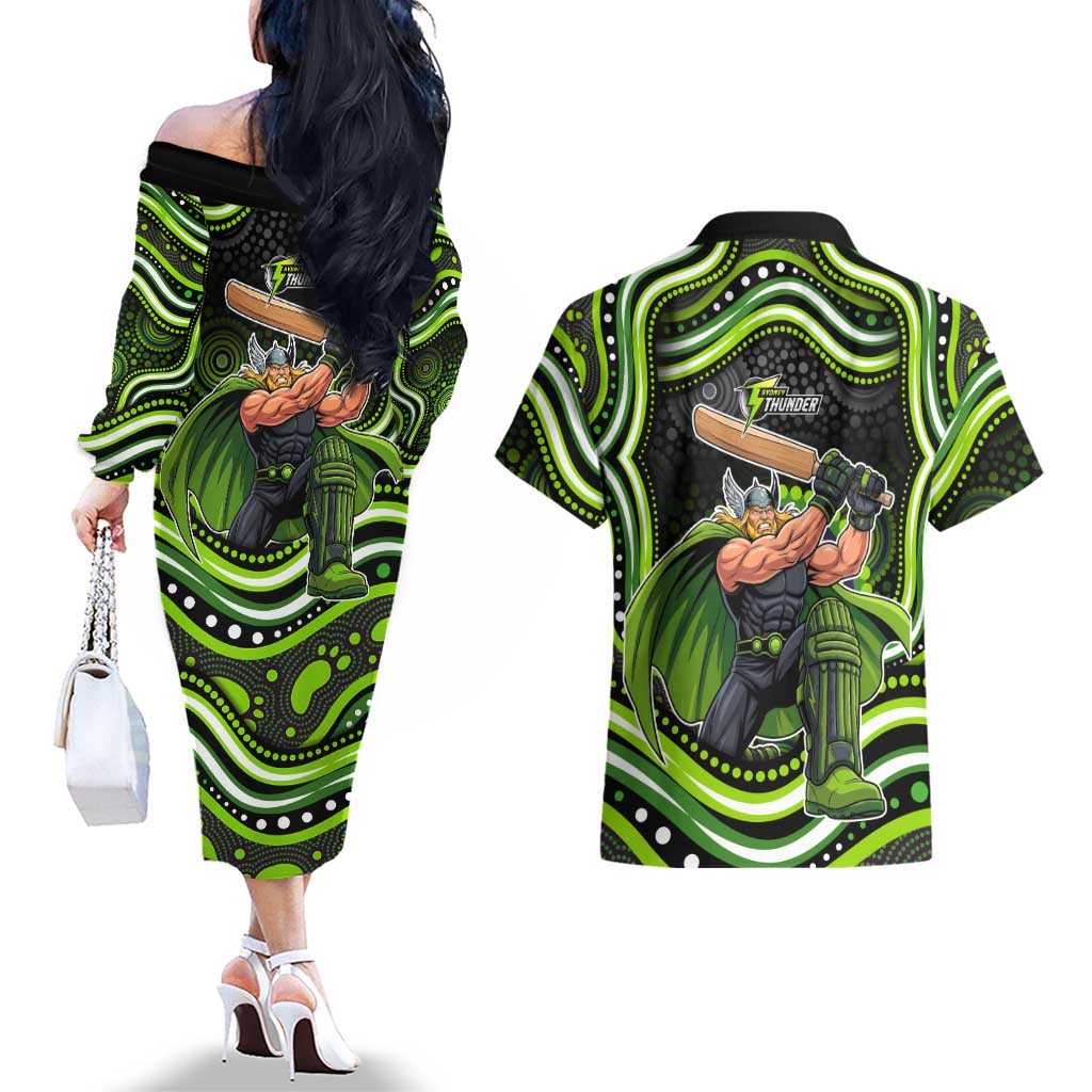 Sydney Thunder Cricket Couples Matching Off The Shoulder Long Sleeve Dress and Hawaiian Shirt Australian Cricket Mascot - Modern Indigenous Style