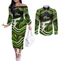 Sydney Thunder Cricket Couples Matching Off The Shoulder Long Sleeve Dress and Long Sleeve Button Shirt Australian Cricket Mascot - Modern Indigenous Style