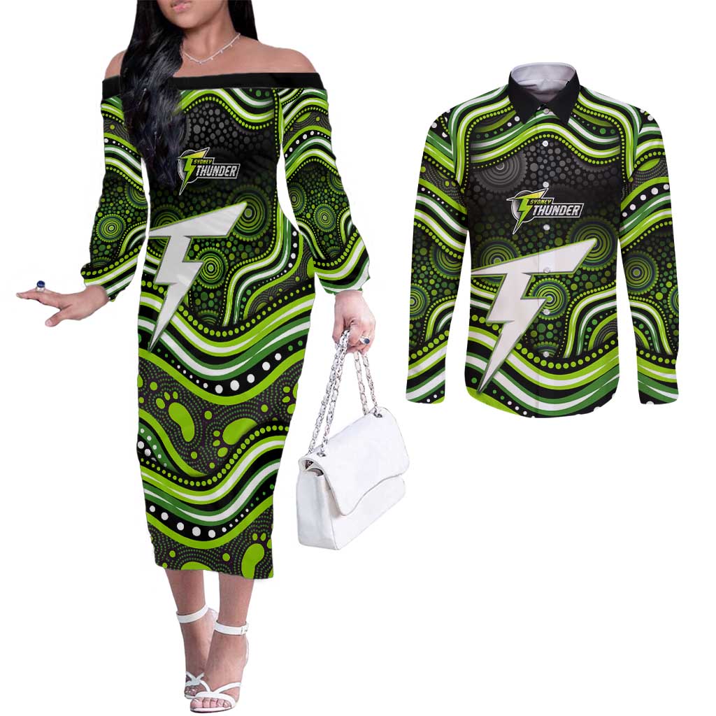 Sydney Thunder Cricket Couples Matching Off The Shoulder Long Sleeve Dress and Long Sleeve Button Shirt Australian Cricket Mascot - Modern Indigenous Style