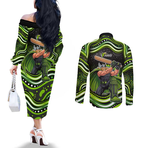 Sydney Thunder Cricket Couples Matching Off The Shoulder Long Sleeve Dress and Long Sleeve Button Shirt Australian Cricket Mascot - Modern Indigenous Style