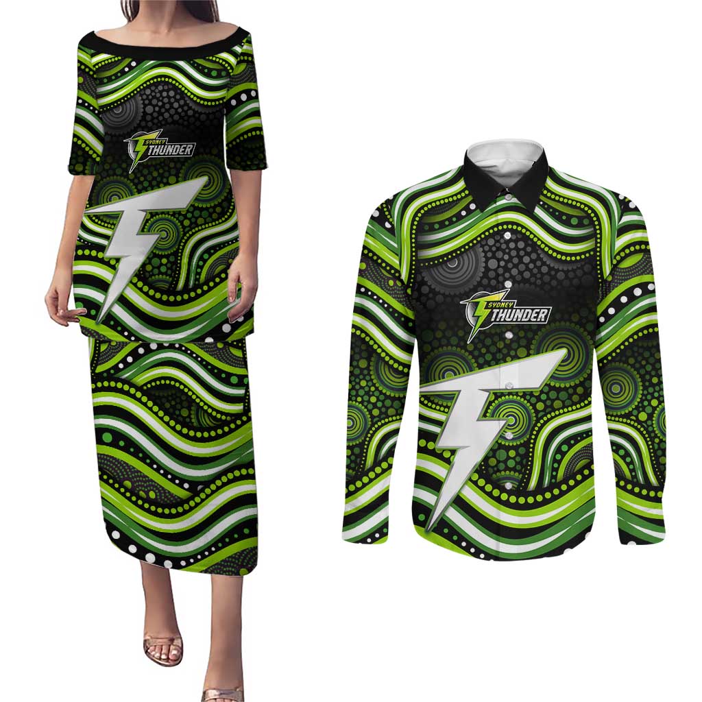 Sydney Thunder Cricket Couples Matching Puletasi and Long Sleeve Button Shirt Australian Cricket Mascot - Modern Indigenous Style