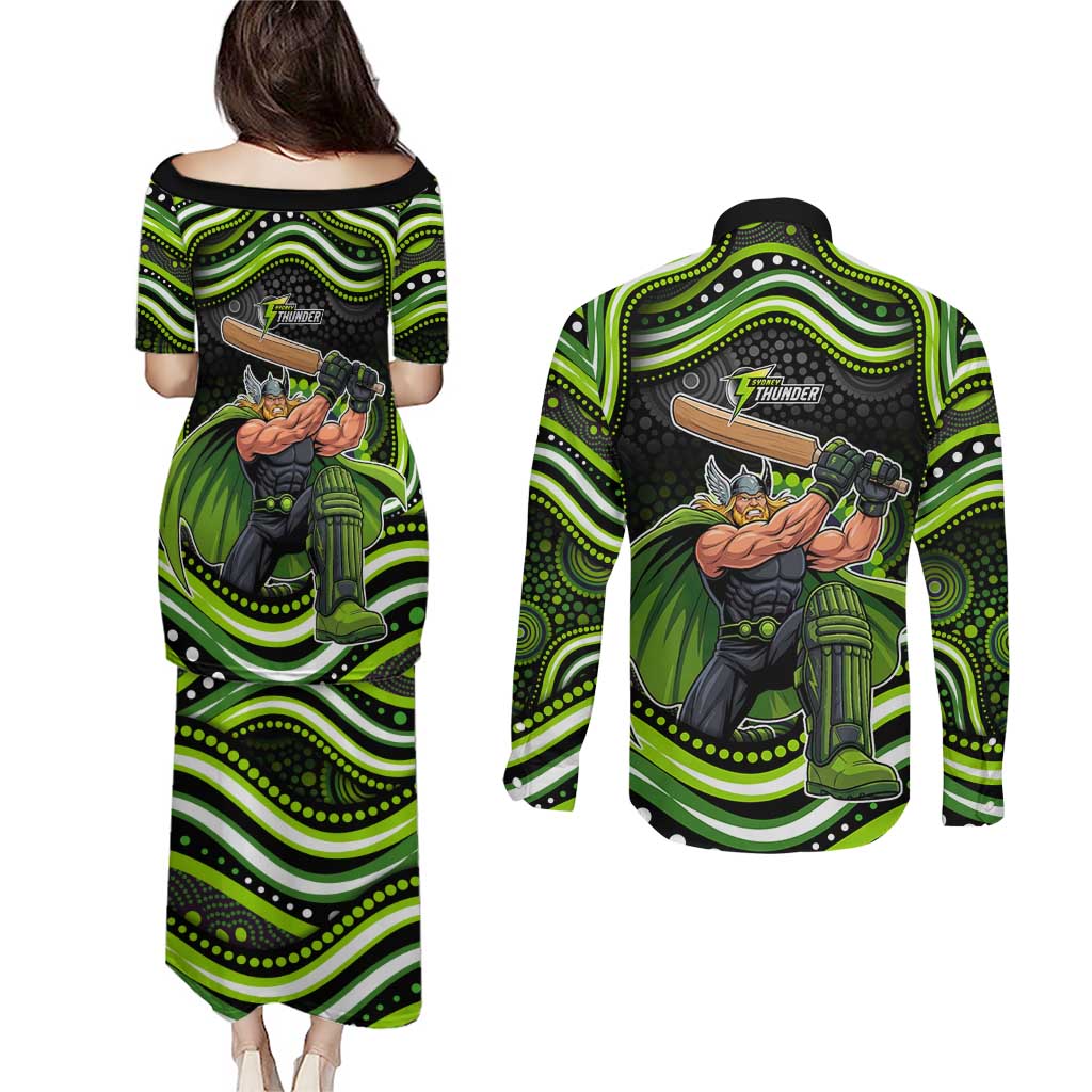 Sydney Thunder Cricket Couples Matching Puletasi and Long Sleeve Button Shirt Australian Cricket Mascot - Modern Indigenous Style