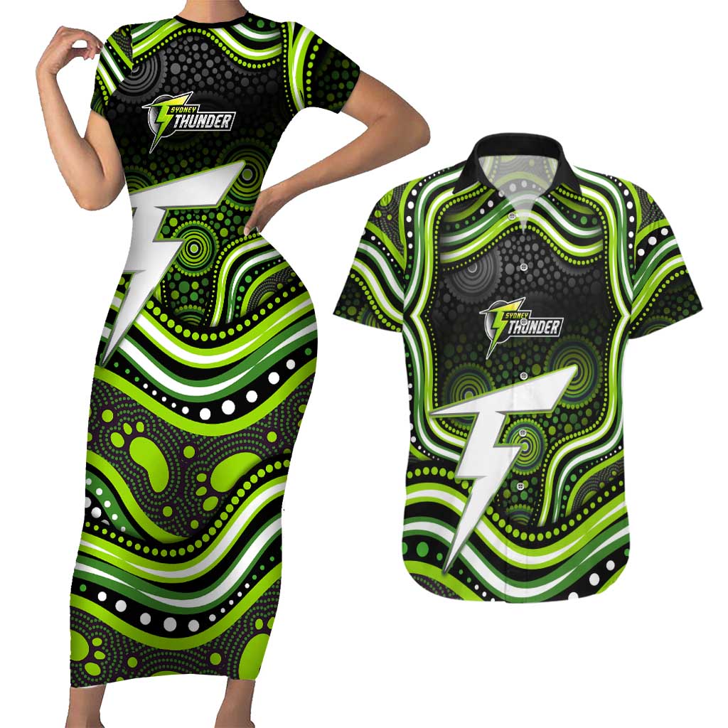 Sydney Thunder Cricket Couples Matching Short Sleeve Bodycon Dress and Hawaiian Shirt Australian Cricket Mascot - Modern Indigenous Style