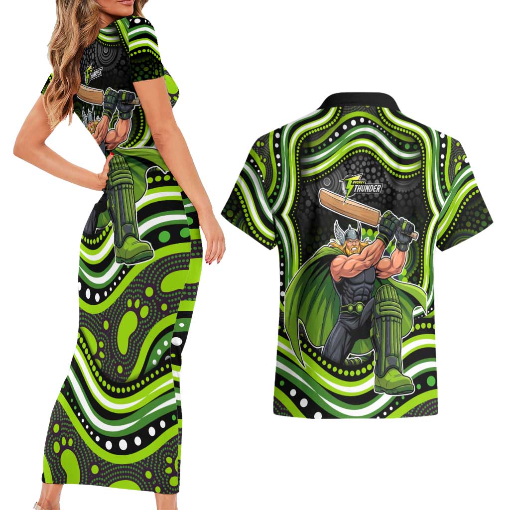 Sydney Thunder Cricket Couples Matching Short Sleeve Bodycon Dress and Hawaiian Shirt Australian Cricket Mascot - Modern Indigenous Style