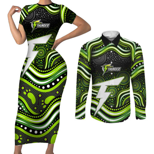 Sydney Thunder Cricket Couples Matching Short Sleeve Bodycon Dress and Long Sleeve Button Shirt Australian Cricket Mascot - Modern Indigenous Style
