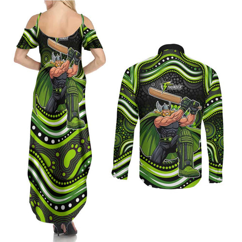 Sydney Thunder Cricket Couples Matching Summer Maxi Dress and Long Sleeve Button Shirt Australian Cricket Mascot - Modern Indigenous Style