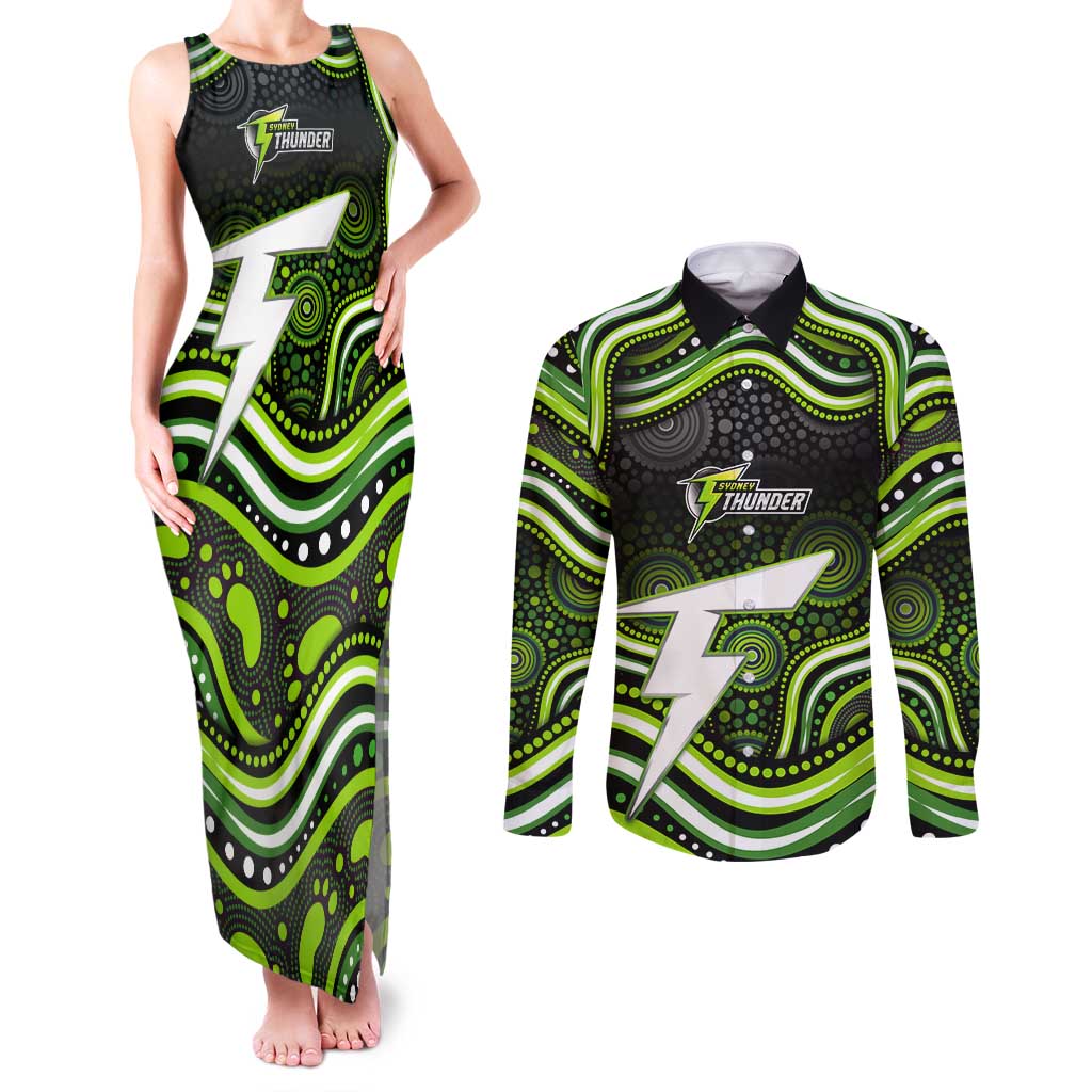 Sydney Thunder Cricket Couples Matching Tank Maxi Dress and Long Sleeve Button Shirt Australian Cricket Mascot - Modern Indigenous Style