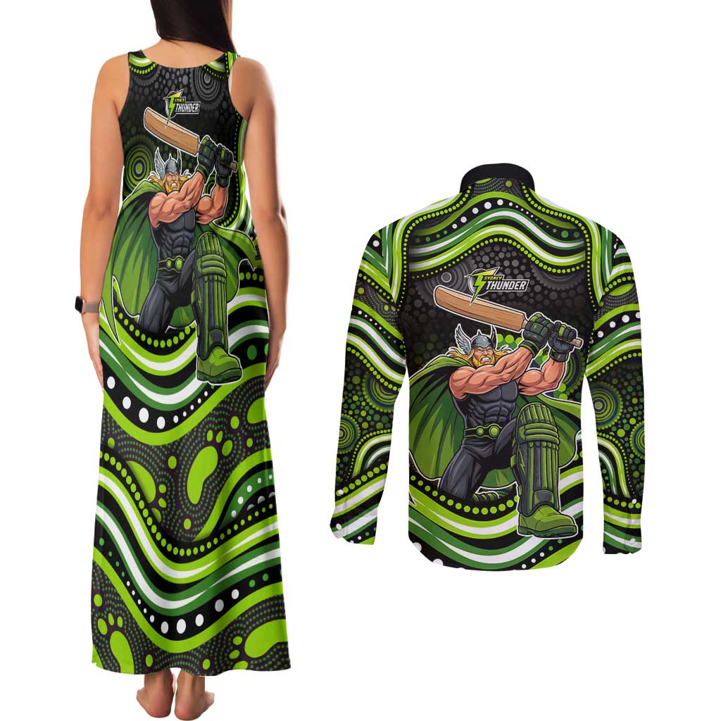 Sydney Thunder Cricket Couples Matching Tank Maxi Dress and Long Sleeve Button Shirt Australian Cricket Mascot - Modern Indigenous Style