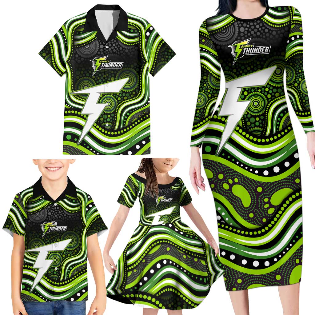 Sydney Thunder Cricket Family Matching Long Sleeve Bodycon Dress and Hawaiian Shirt Australian Cricket Mascot - Modern Indigenous Style