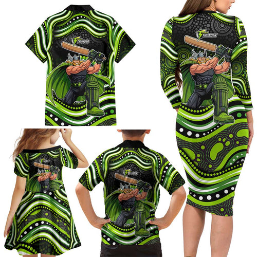 Sydney Thunder Cricket Family Matching Long Sleeve Bodycon Dress and Hawaiian Shirt Australian Cricket Mascot - Modern Indigenous Style