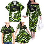 Sydney Thunder Cricket Family Matching Off The Shoulder Long Sleeve Dress and Hawaiian Shirt Australian Cricket Mascot - Modern Indigenous Style