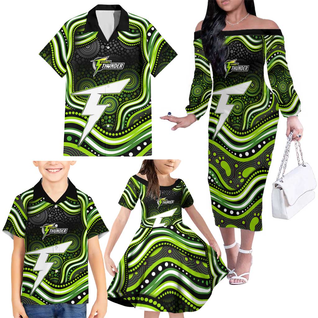 Sydney Thunder Cricket Family Matching Off The Shoulder Long Sleeve Dress and Hawaiian Shirt Australian Cricket Mascot - Modern Indigenous Style