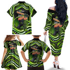 Sydney Thunder Cricket Family Matching Off The Shoulder Long Sleeve Dress and Hawaiian Shirt Australian Cricket Mascot - Modern Indigenous Style