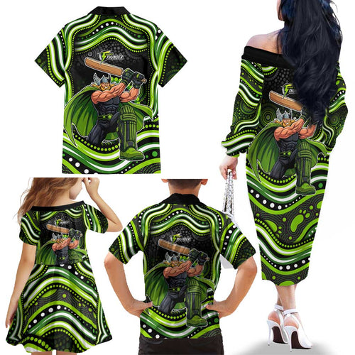 Sydney Thunder Cricket Family Matching Off The Shoulder Long Sleeve Dress and Hawaiian Shirt Australian Cricket Mascot - Modern Indigenous Style