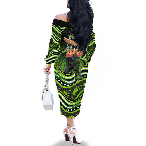 Sydney Thunder Cricket Family Matching Off The Shoulder Long Sleeve Dress and Hawaiian Shirt Australian Cricket Mascot - Modern Indigenous Style
